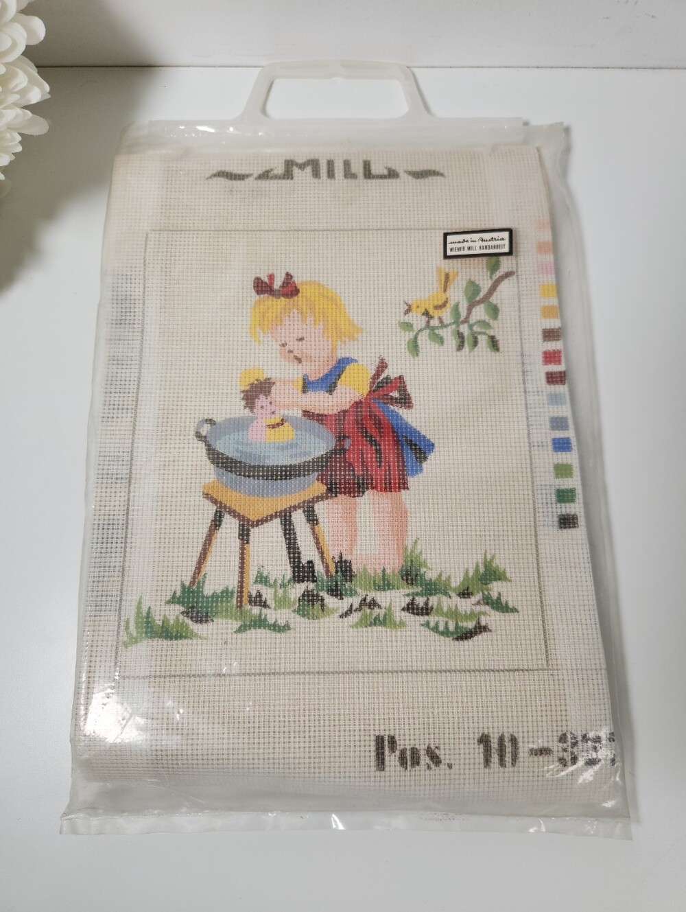 Vintage Wiener Mill Handarbeit Tapestry Kit Made Austria #3277 Girl Bathing Doll